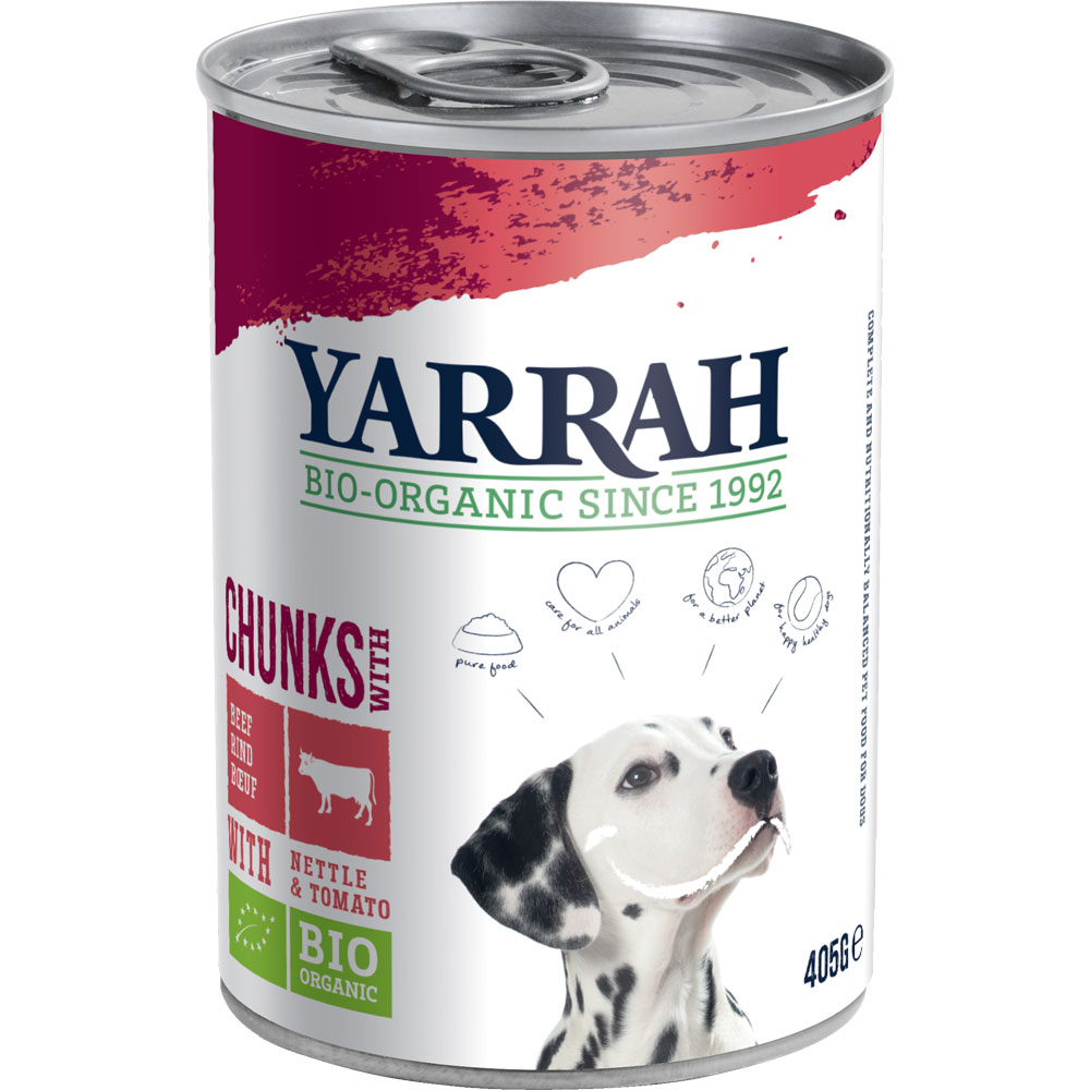 Bio Hundefutter Feucht Bröckchen Huhn mit Rind mit Brennessel 405g Yarrah - Bild 1