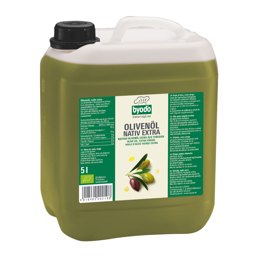 Olivenöl, 5 ltr. PE-Kanister, RLZ 3 Monate nativ extra, mild, dolce. Byodo - Bild 1