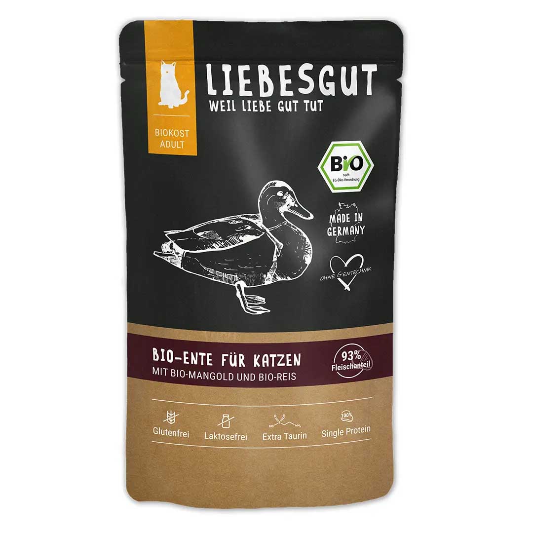 Bio Ente mit Mangold und Reis Katze Nass-Alleinfutter 100g Liebesgut - Bild 1