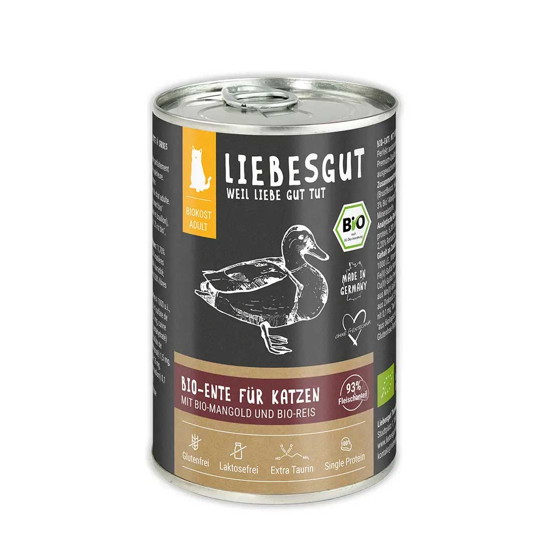 Bio Ente mit Mangold und Reis Katze Nass-Alleinfutter 400g Liebesgut - Bild 1