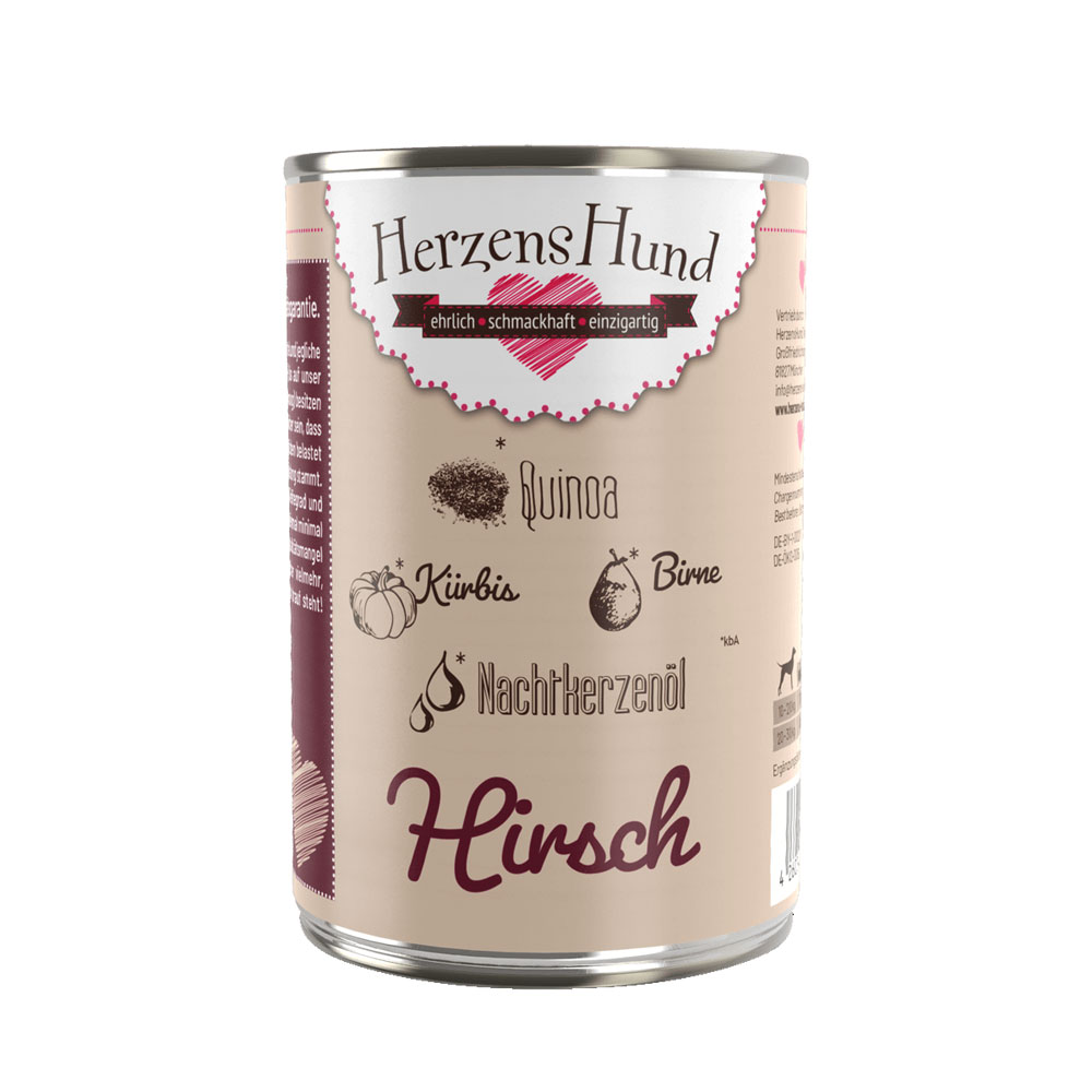 Bio Erg&auml;nzungsfutter Hund Hirsch (Nicht Bio), K&uuml;rbis, Birne, Quinoa 400g Herzens - Bild 1