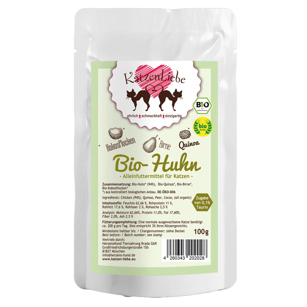 Bio Erg&auml;nzungsfutter Katze Huhn, Quinoa, Birne Pouch Beutel 100g Katzenliebe - Bild 1