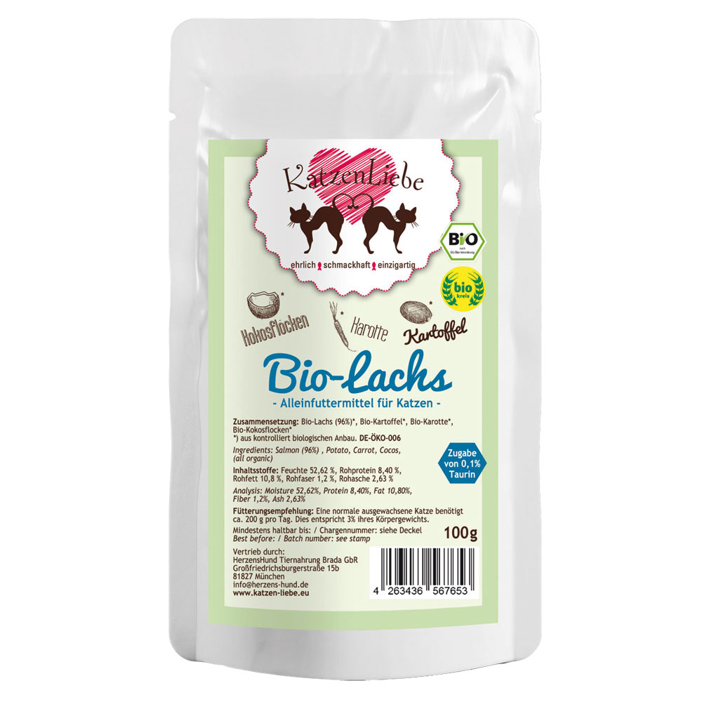 Bio Erg&auml;nzungsfutter Katze Lachs, Kartoffel, Kokosflocken Pouch Beutel 100g Katz - Bild 1