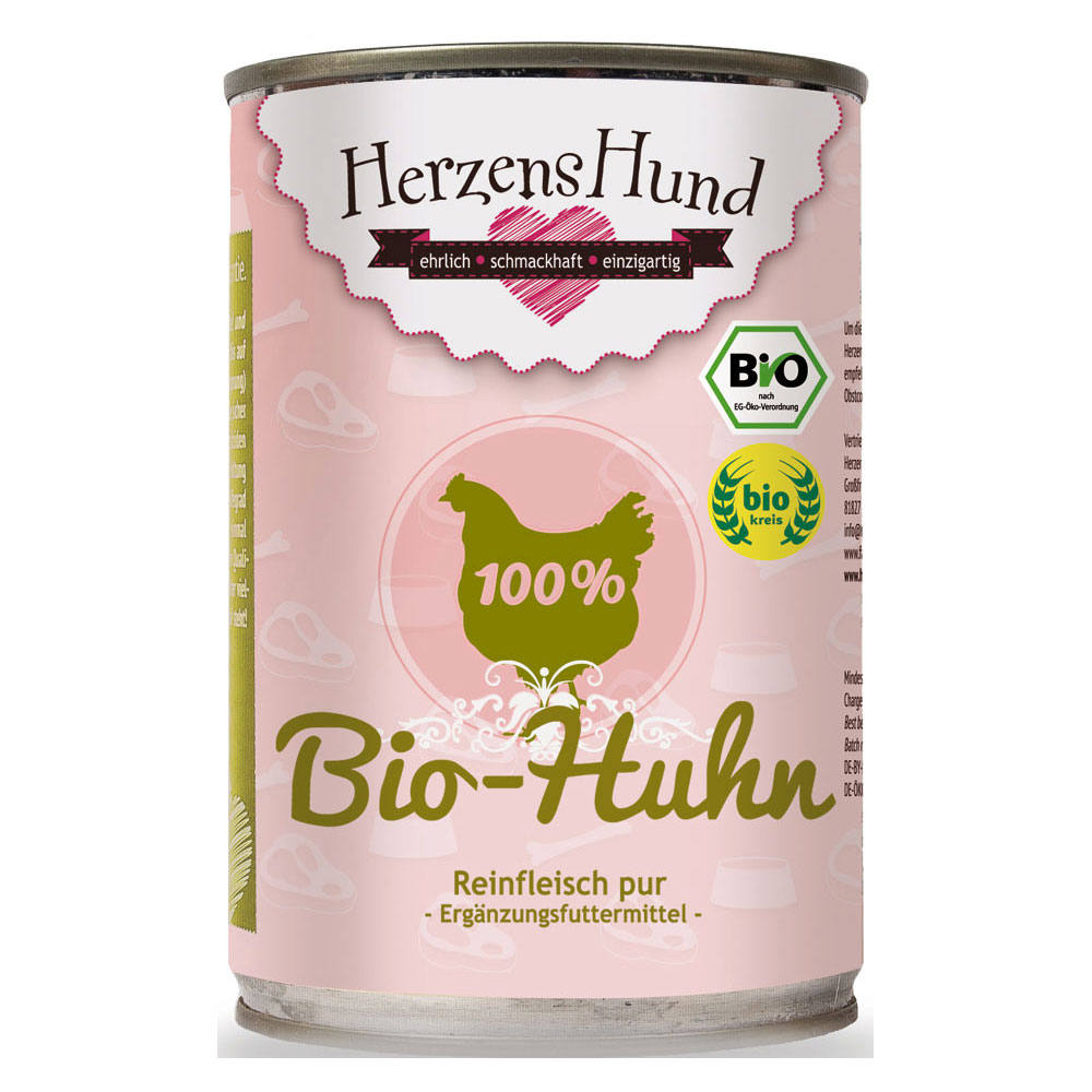 Bio Huhn (Brustfl., Hälse, Hühnerklein) 100 %, Ergänzungsfutter 400g Herzenshund - Bild 1