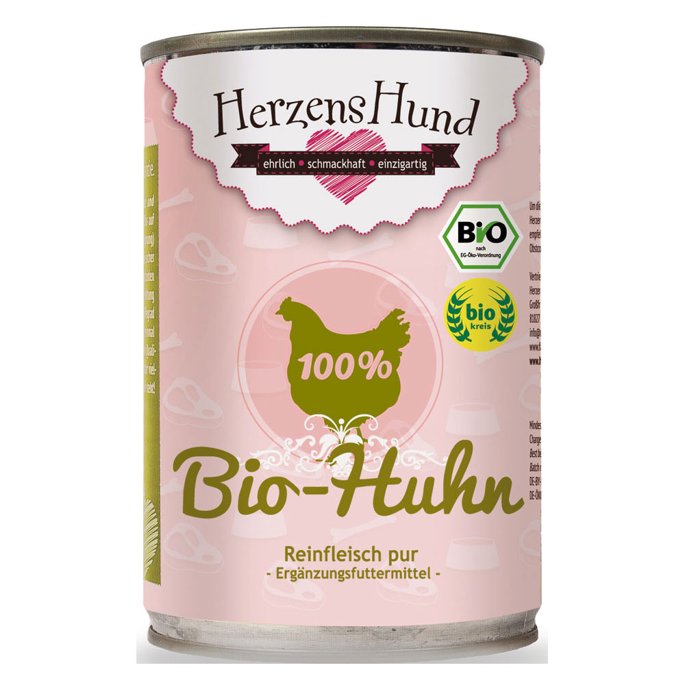 Bio Huhn (Brustfl., H&auml;lse, H&uuml;hnerklein) 100 %, Erg&auml;nzungsfutter 400g Herzenshund - Bild 1