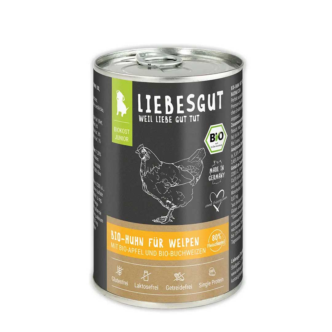 Bio Huhn mit Apfel und Buchweizen Hund Nass-Alleinfutter Junior 400g Liebesgut - Bild 1