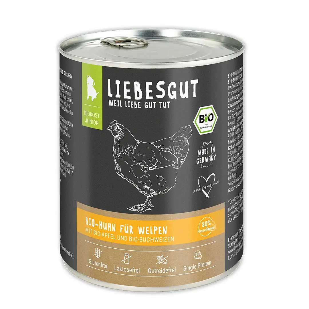 Bio Huhn mit Apfel und Buchweizen Hund Nass-Alleinfutter Junior 800g Liebesgut - Bild 1