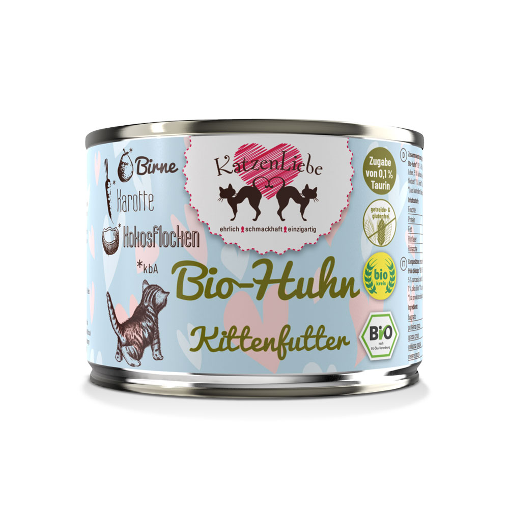 Bio Huhn mit Karotte, Erg&auml;nzungsfutter Kitten 200g  Katzenliebe - Bild 1