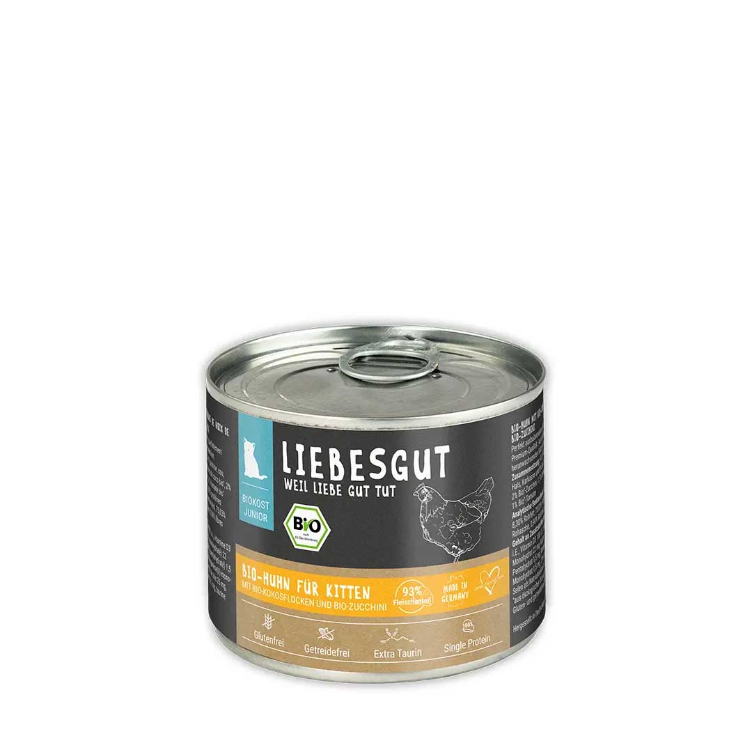 Bio Huhn mit Kokos und Zucchini Katze Nass-Alleinfutter 200g Liebesgut - Bild 1