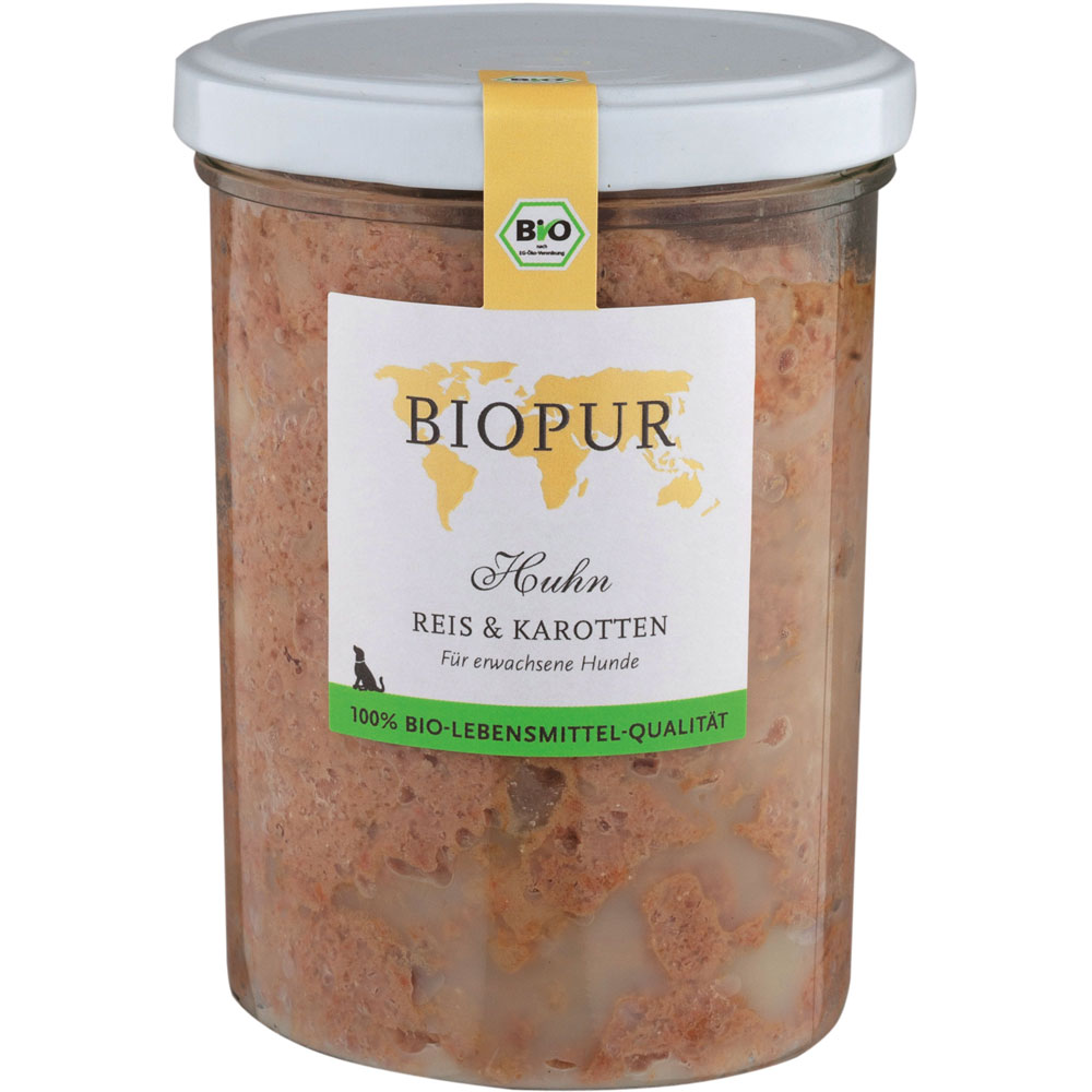 Bio Hundefutter Huhn, Reis, Karotten im GLAS (!!!) 370g Biopur - Bild 1