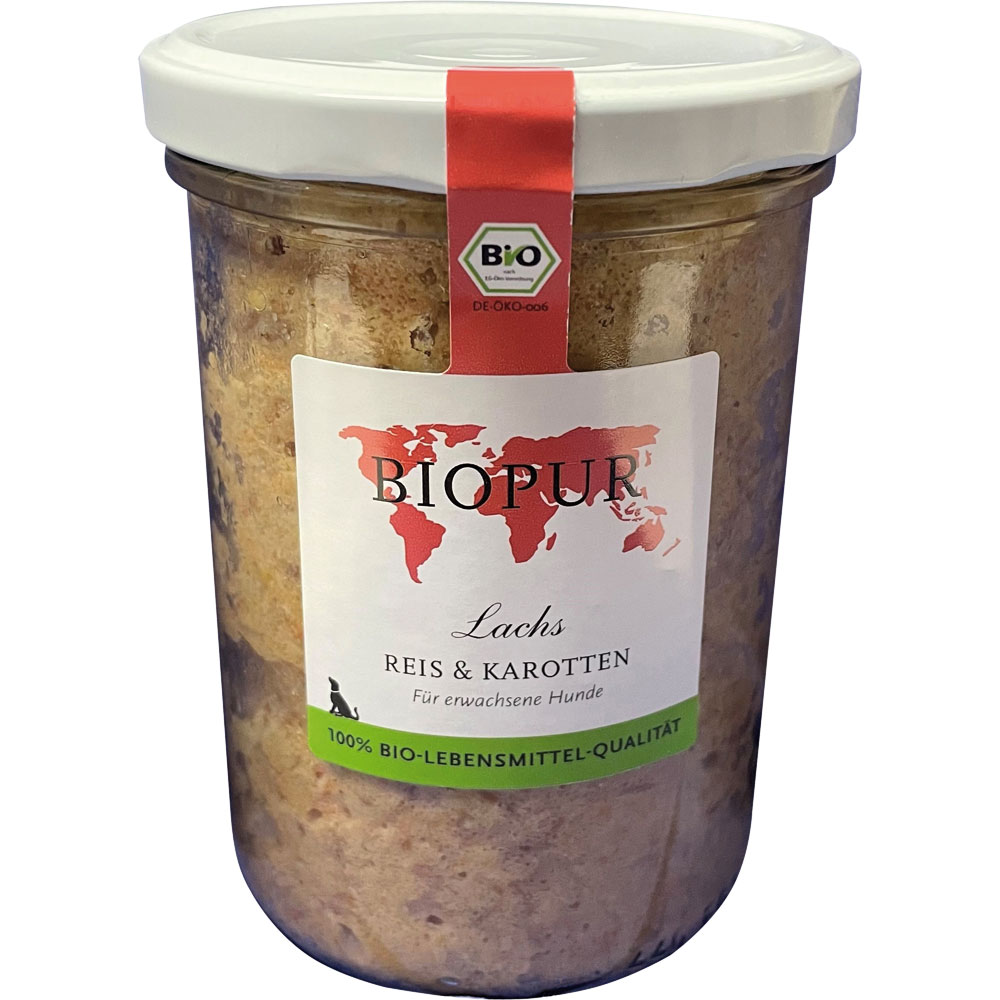 Bio Hundefutter Lachs Reis & Karotten 370g im GLAS (!!!) glutenfrei Biopur - Bild 1