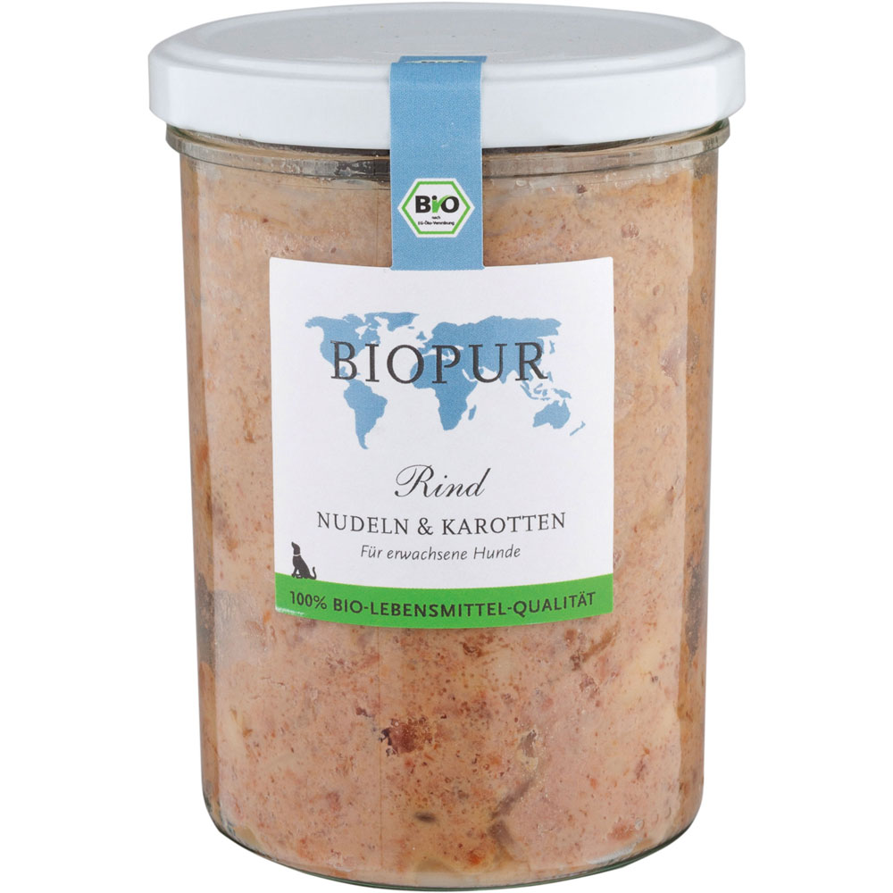 Bio Hundefutter Rind, Nudeln, Karotten im GLAS (!!!) 370g Biopur - Bild 1