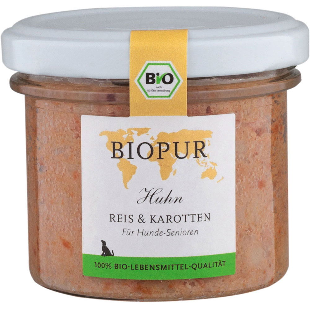 Bio Hundefutter Senior: Huhn, Reis, Karotten im GLAS! 100g BIOPUR - Bild 1