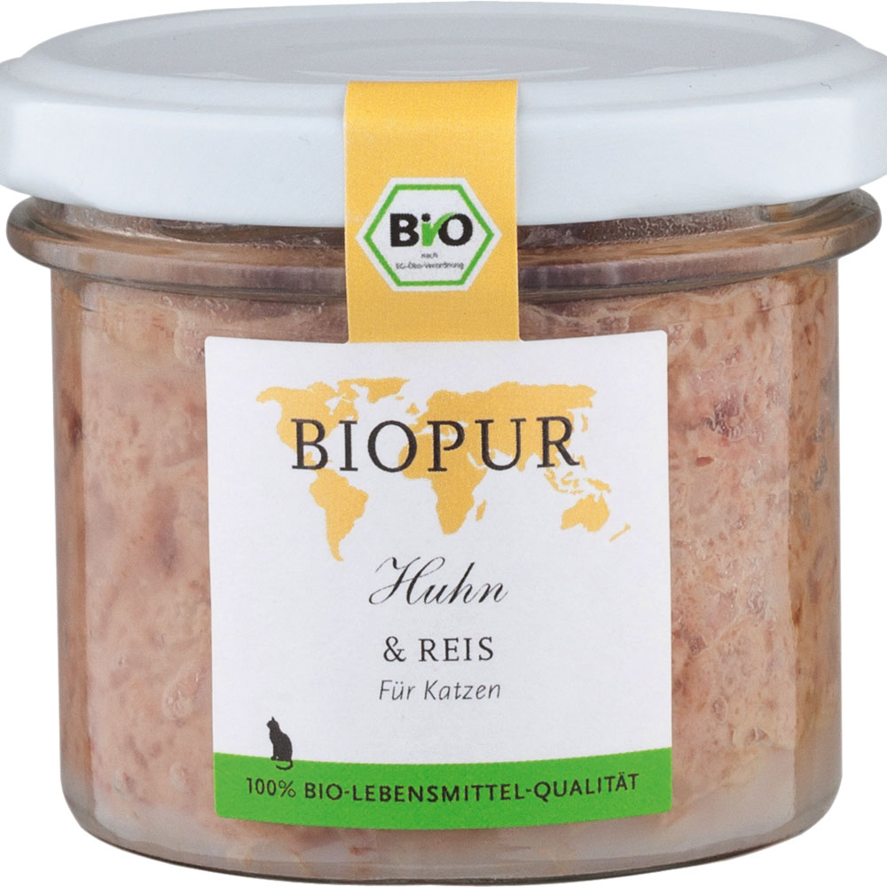 Bio Katzenfutter Huhn, Reis 100g im GLAS (!!!) 100g Biopur - Bild 1