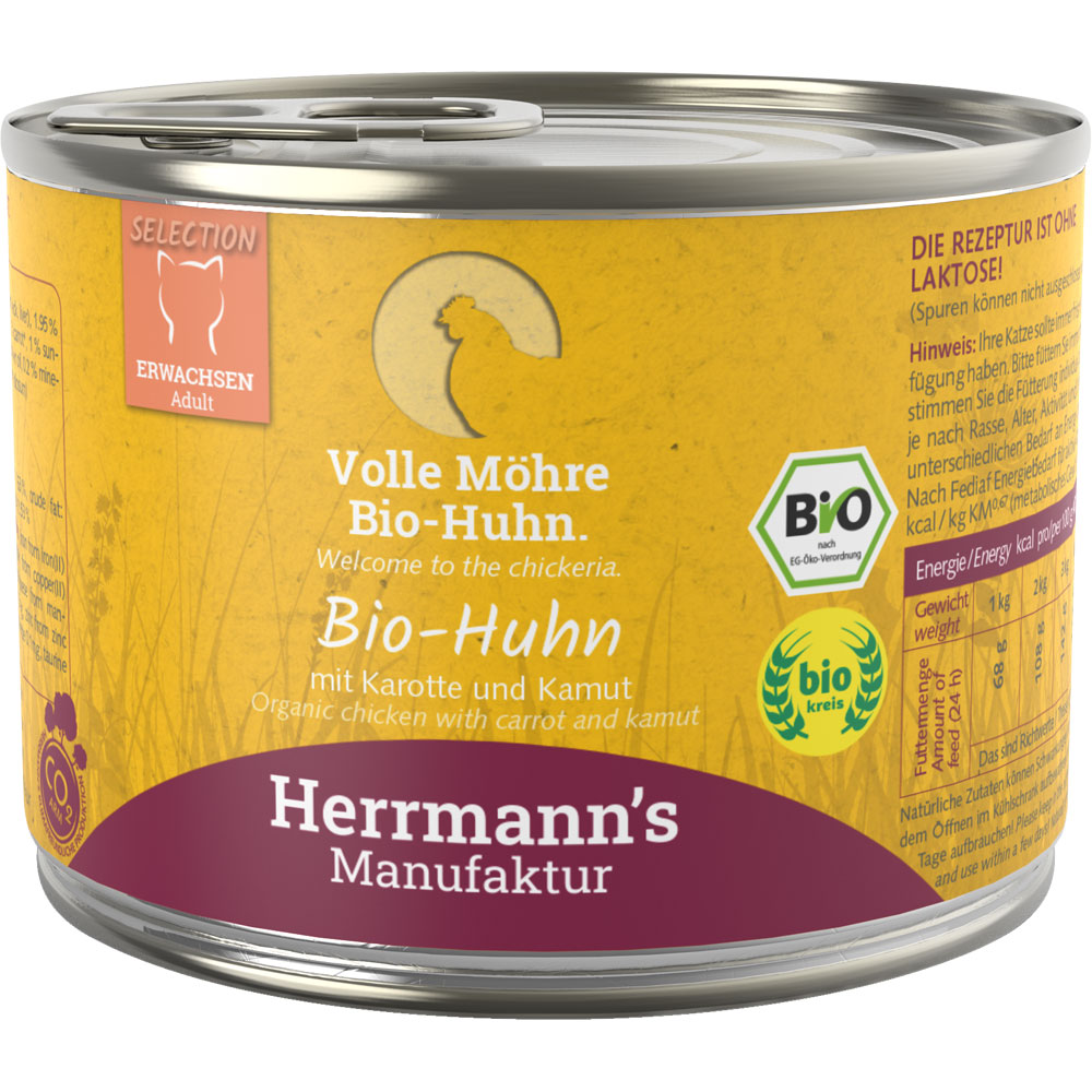 Bio Katzenfutter Huhn mit Karotte und Kamut 200g Herrmanns - Bild 1
