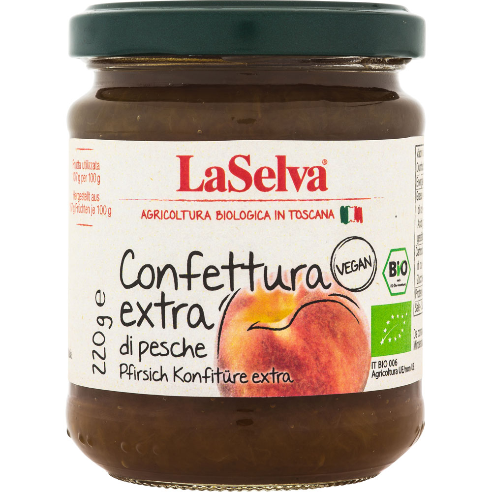 Bio Pfirsich Konfit&uuml;re extra (Confettura extra di pesche) 220g La Selva - Bild 1