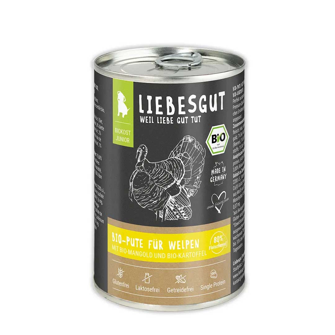 Bio Pute mit Spinat und Kartoffel Hund Nass-Alleinfutter Junior 400g Liebesgut - Bild 1