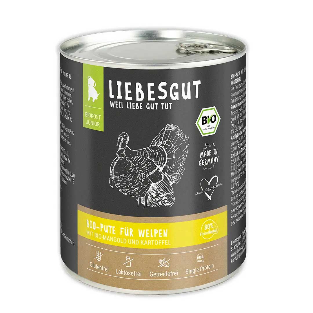 Bio Pute mit Spinat und Kartoffel Hund Nass-Alleinfutter Junior 800g Liebesgut - Bild 1