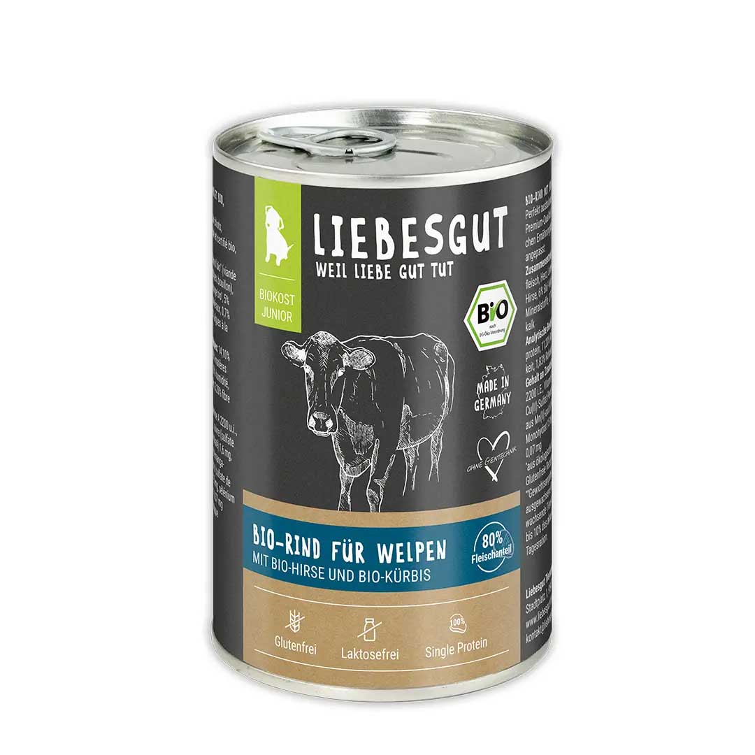 Bio Rind mit Hirse und K&uuml;rbis Hund Nass-Alleinfutter Junior 400g Liebesgut - Bild 1
