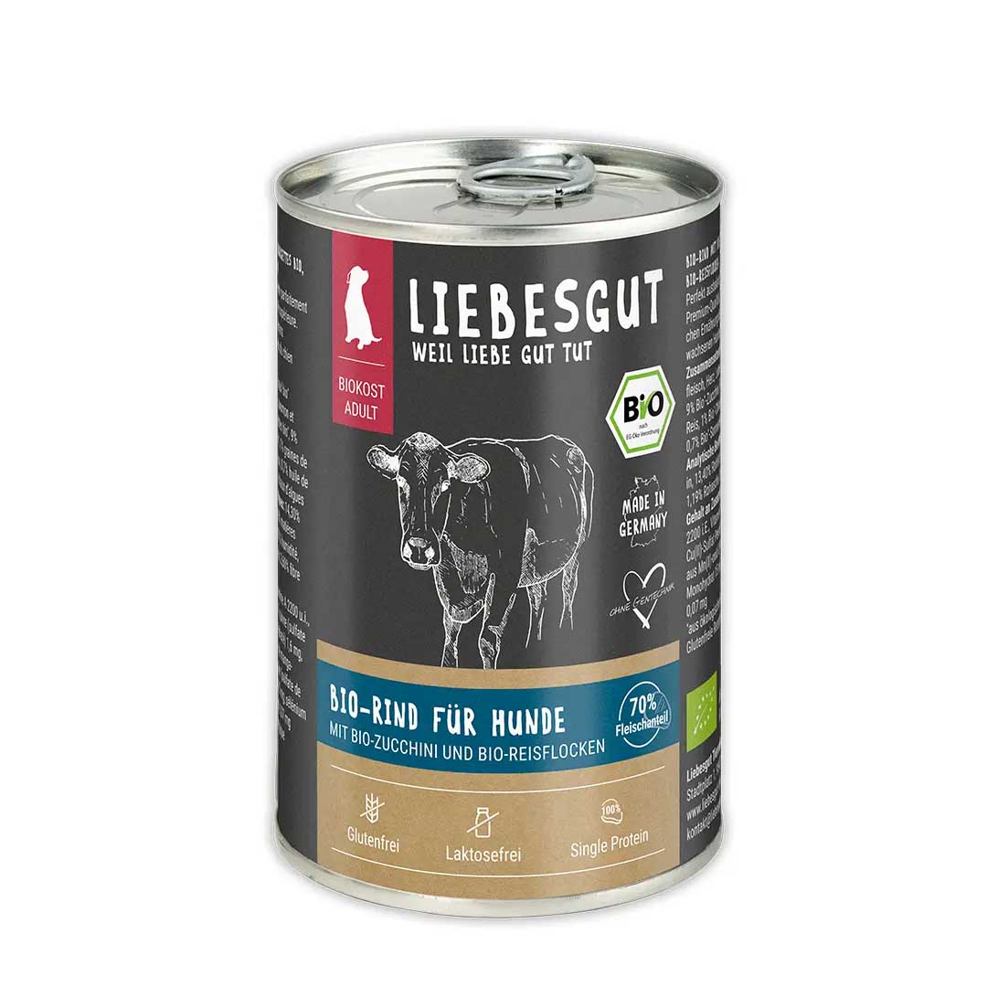 Bio Rind mit Zucchini und Reisflocken Hund Nass-Alleinfutter 400g Liebesgut - Bild 1
