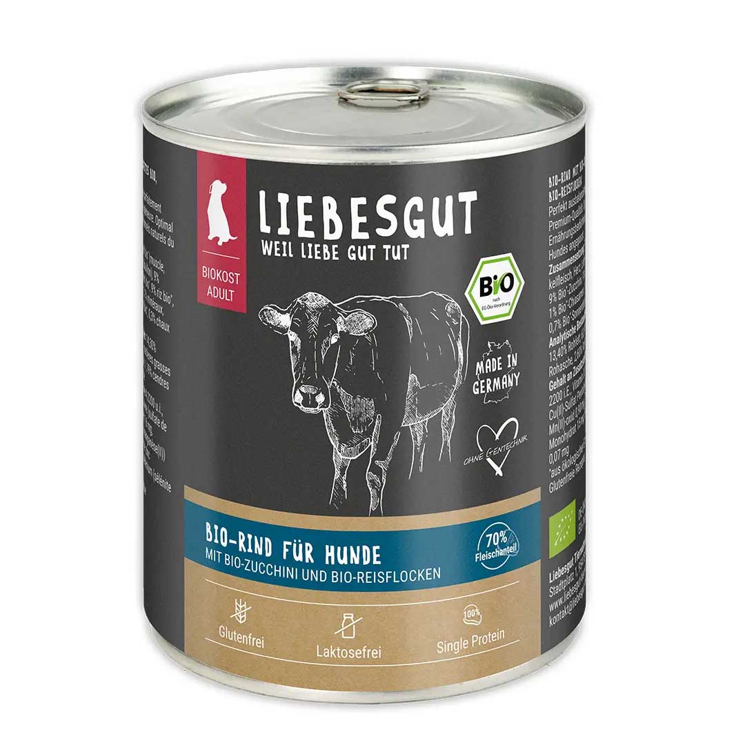 Bio Rind mit Zucchini und Reisflocken Hund Nass-Alleinfutter 800g Liebesgut - Bild 1