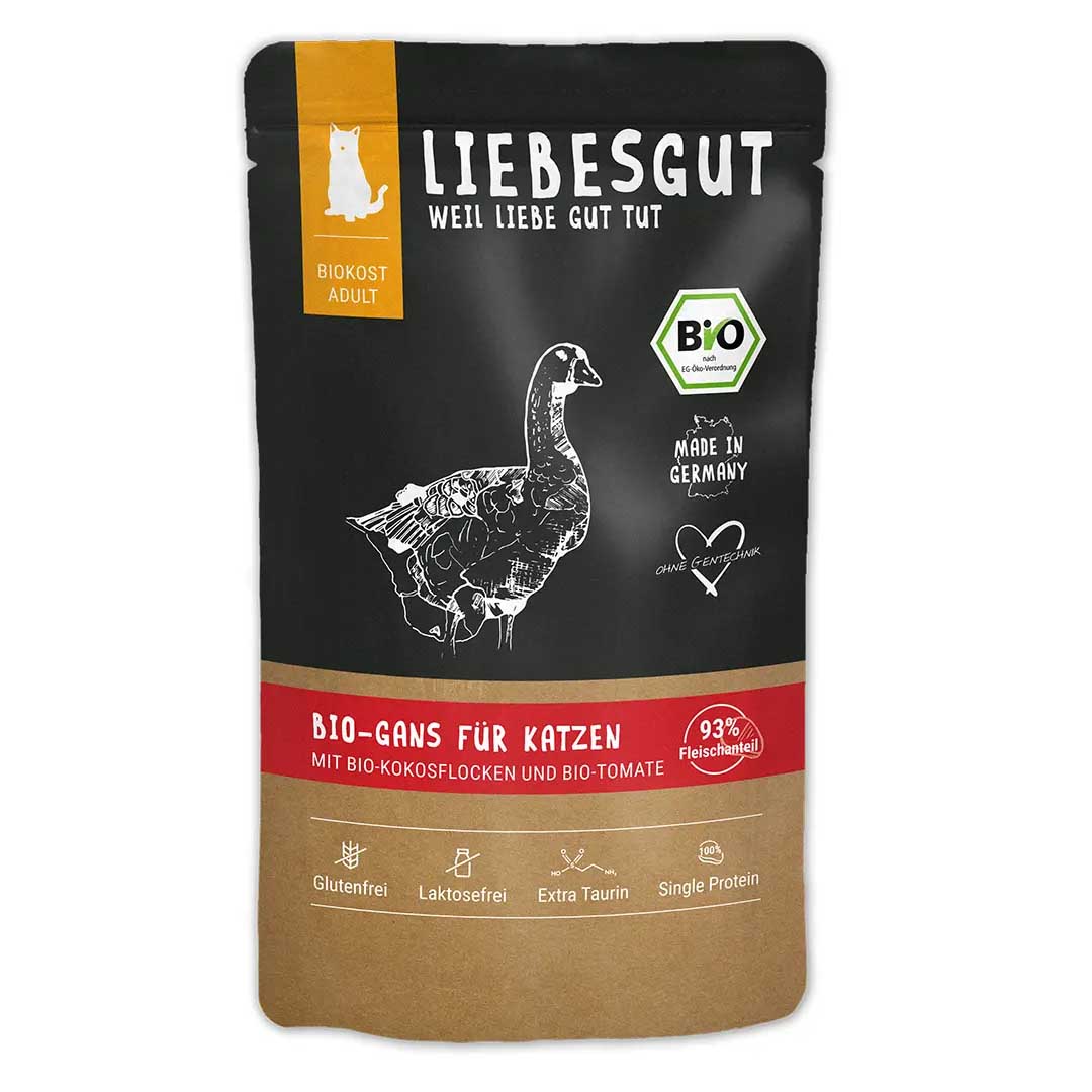 Haltb. bis 09/26   Bio Gans mit Kokos und Tomate Katze Nass-Alleinfutter 100g Liebesgut - Bild 1