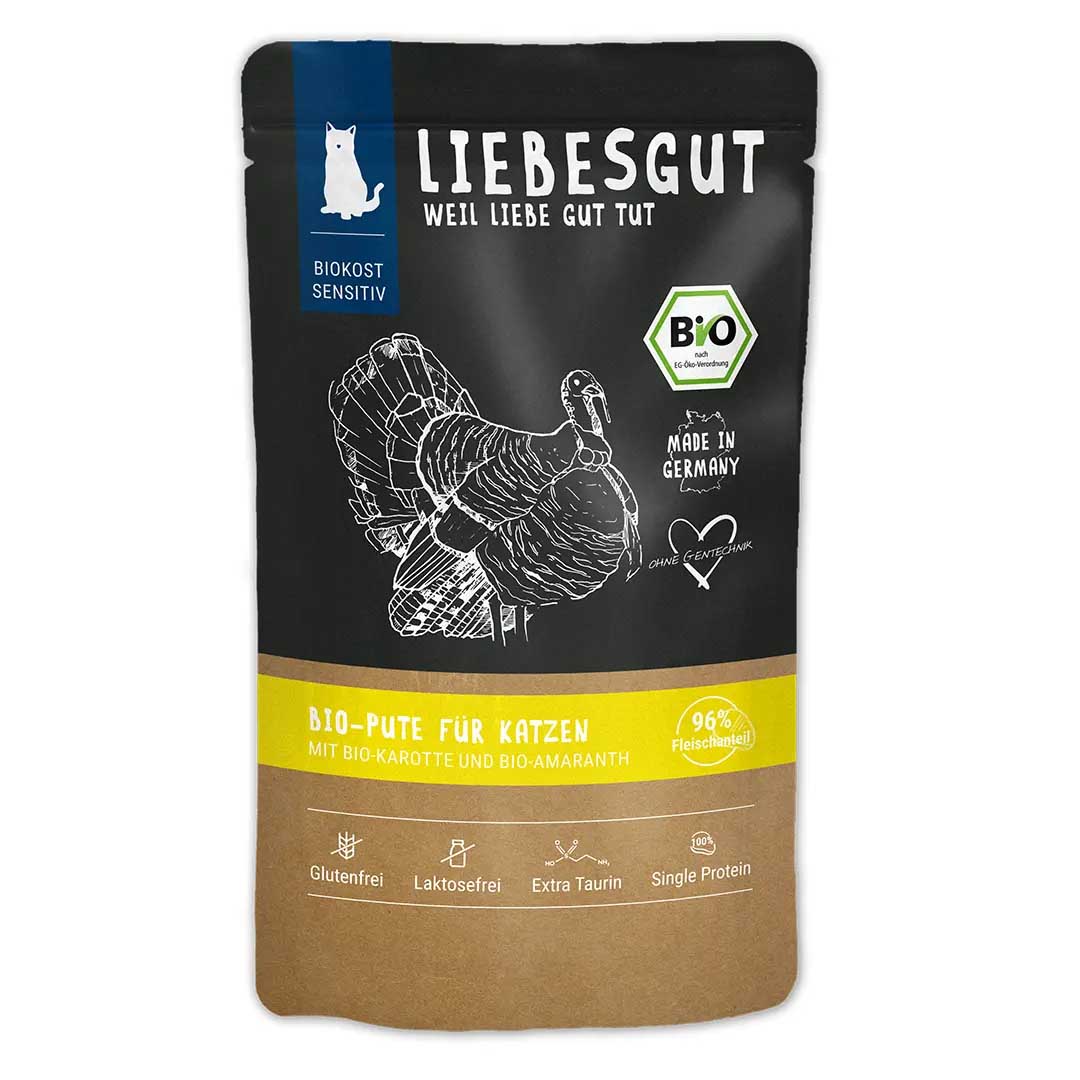 Haltb. bis 09/26   Bio Pute mit Karotte und Amaranth Katze Nass-Alleinfutter 100g Liebesgut - Bild 1