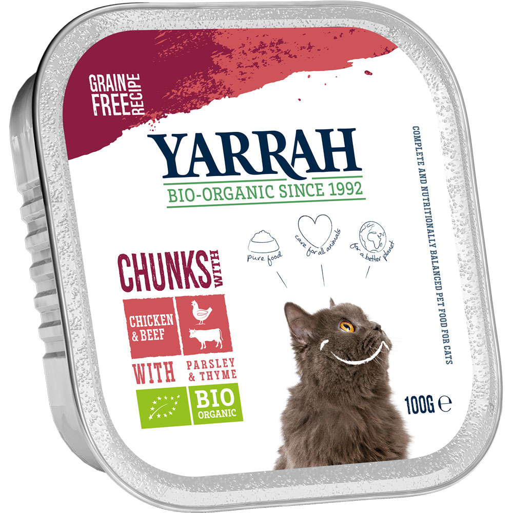 Haltbar bis Juli 25     16er-VE Bröckchen Huhn Rind 100g Yarrah Bio Katzenfutter - Bild 1