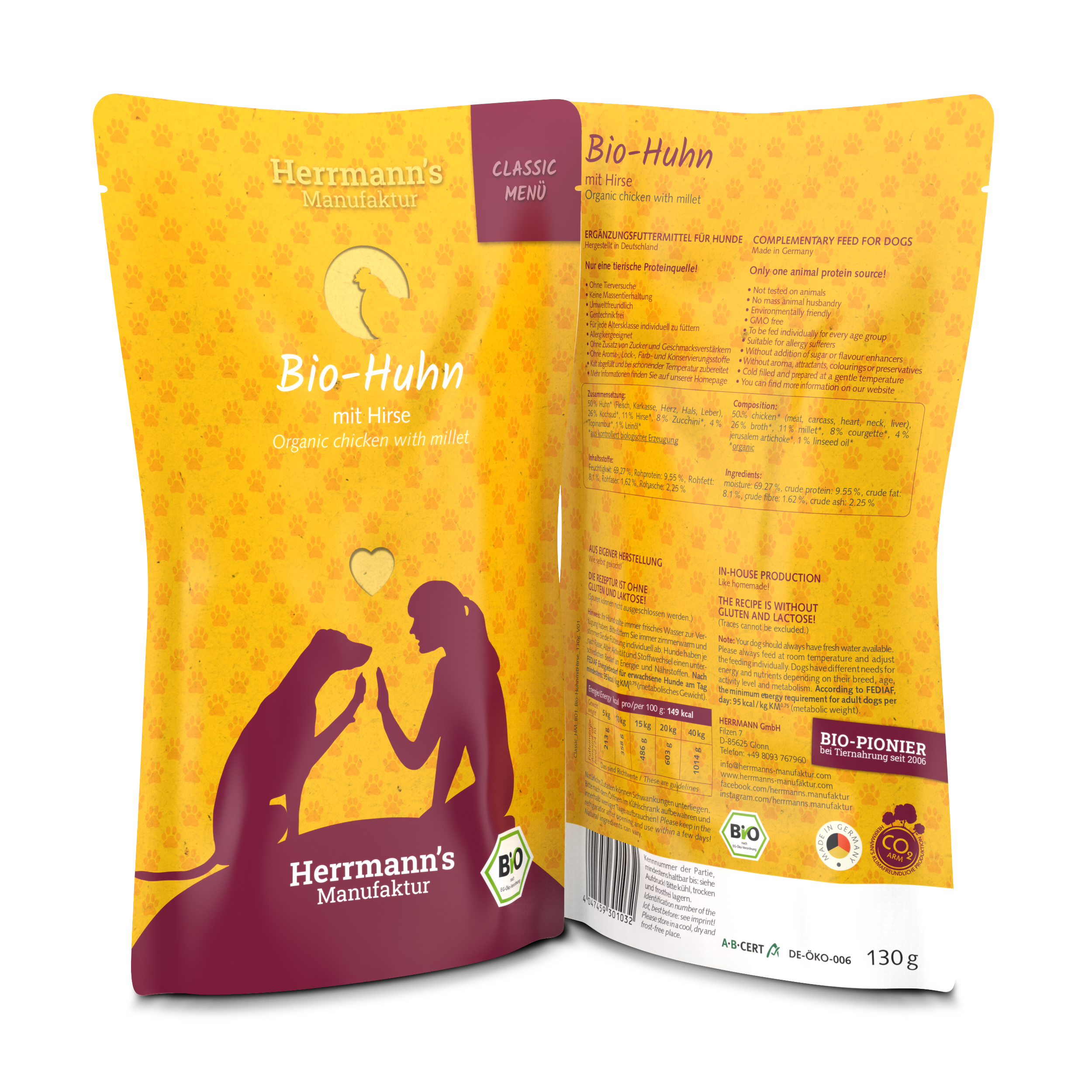 Hundefutter Bio Huhn mit Hirse Classic 130g Herrmann's - Bild 1