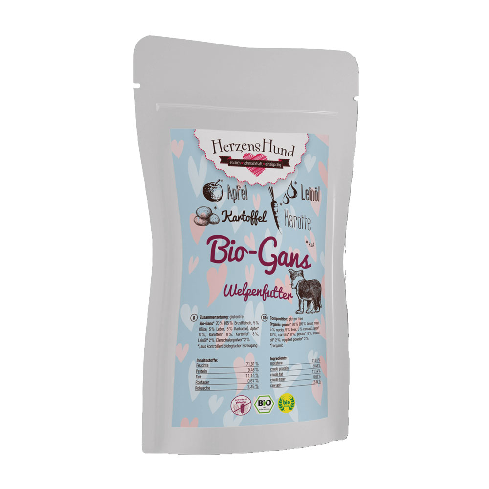 MHD 01/26 Bio Gans mit Apfel, Ergänzungsfutter Welpe 130g Herzenshund - Bild 1