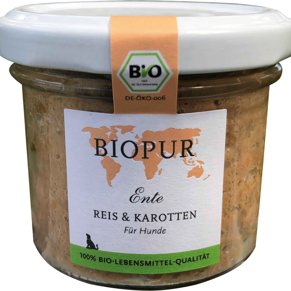 RM Ente, Reis & Karotten 100g im GLAS (!!!) Glutenfrei Bio-Hundefutter Biopur - Bild 1