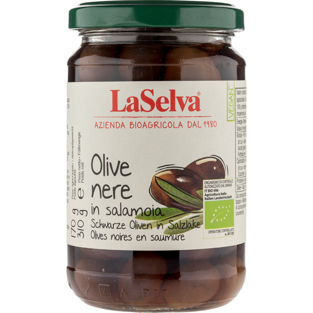 Schwarze Oliven in Salzlake im Glas 310g LaSelva - Bild 1