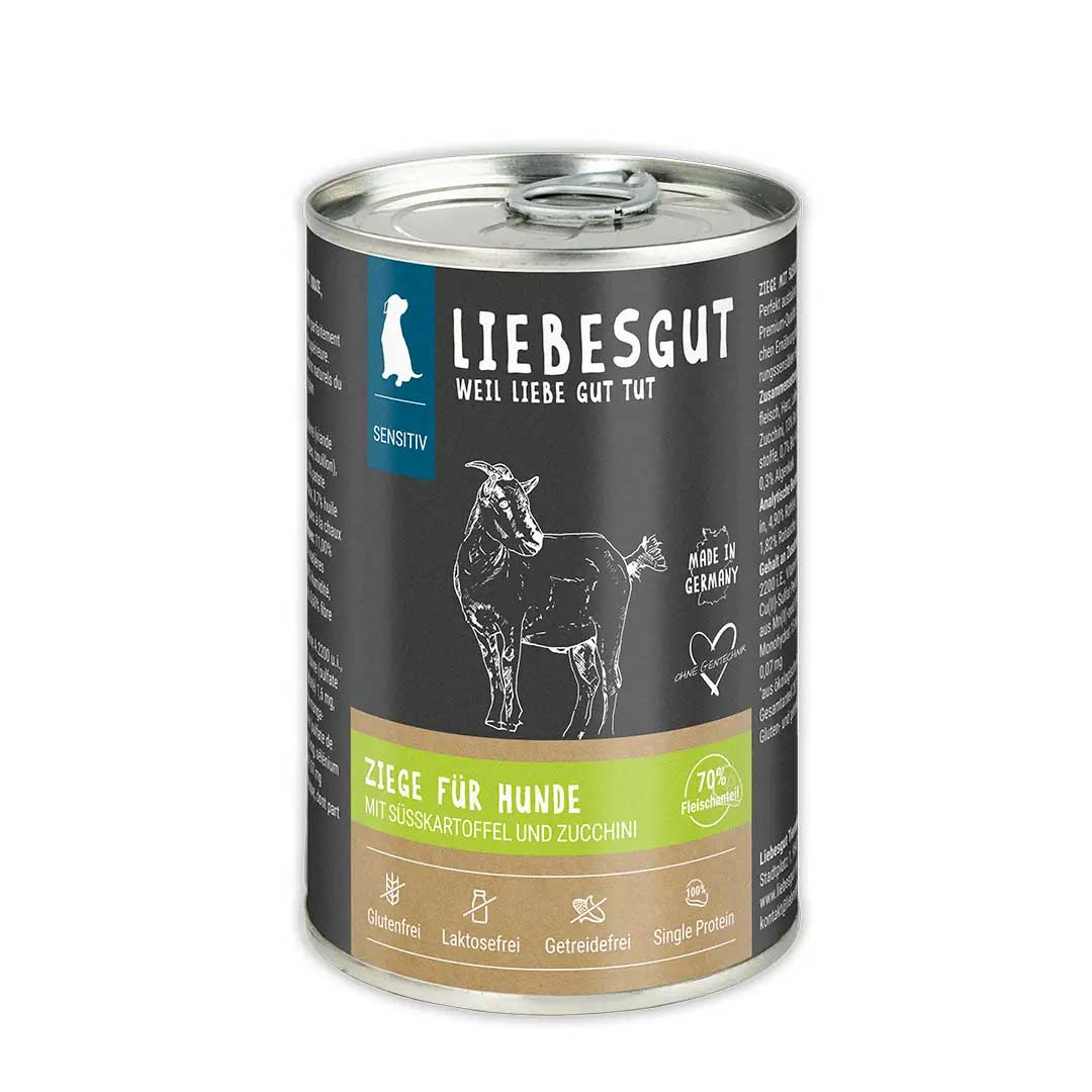 Ziege mit Bio S&uuml;&szlig;kartoffel und Bio Zucchini Hund Nass-Alleinfutter Sensitiv 400g Liebesgut - Bild 1