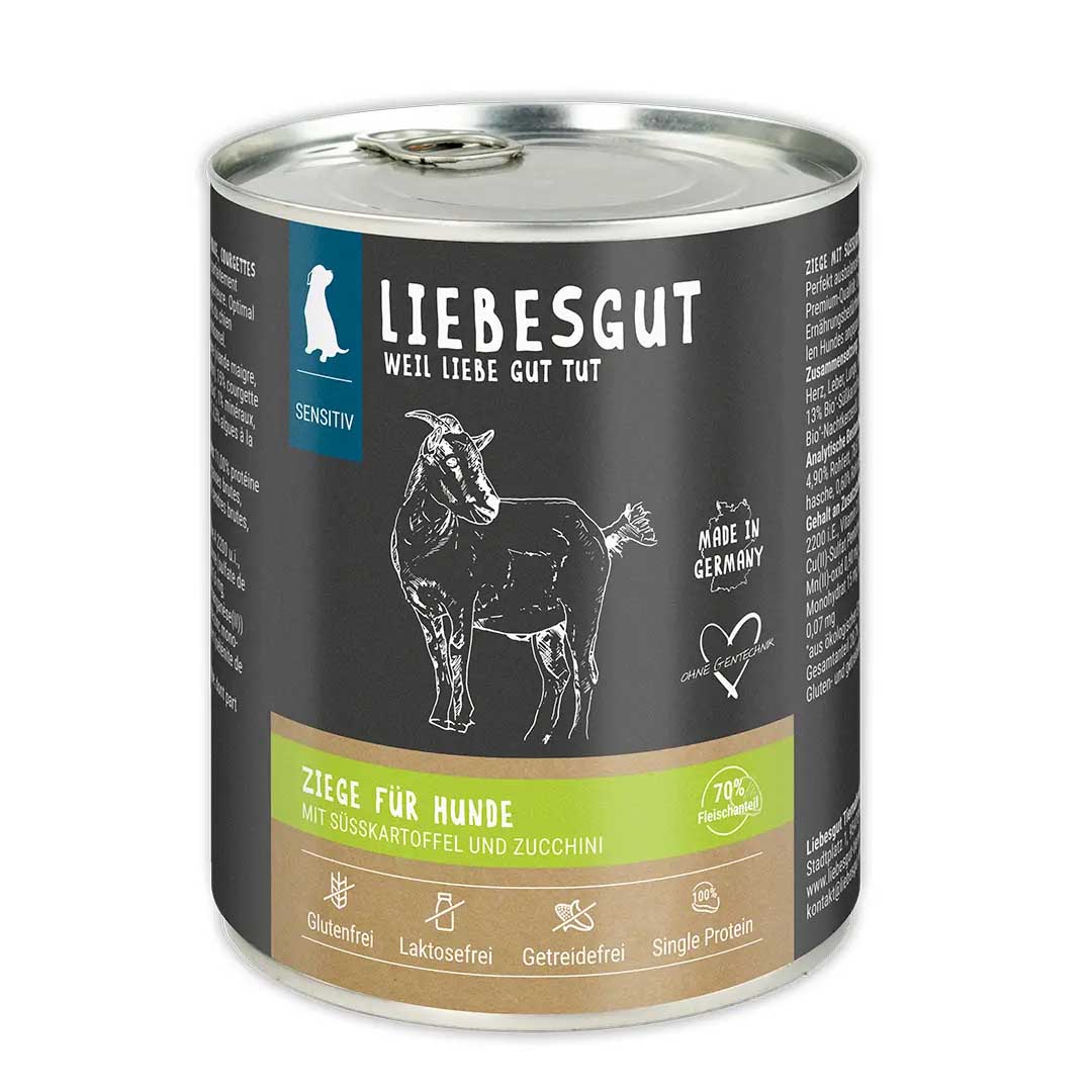 Ziege mit Bio S&uuml;&szlig;kartoffel und Bio Zucchini Hund Nass-Alleinfutter Sensitiv 800g Liebesgut - Bild 1